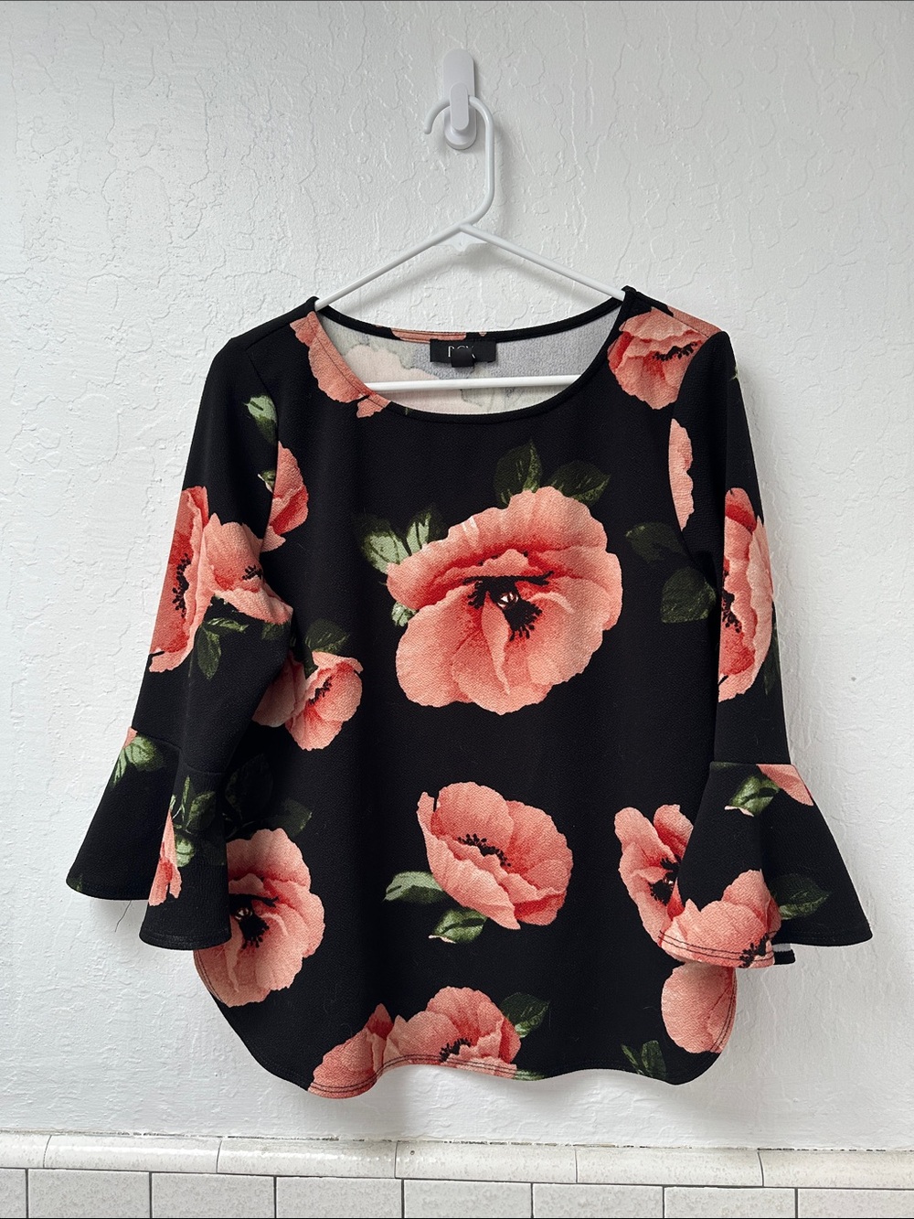 BCX Black Bell-Sleeve Top with Coral Floral Print
